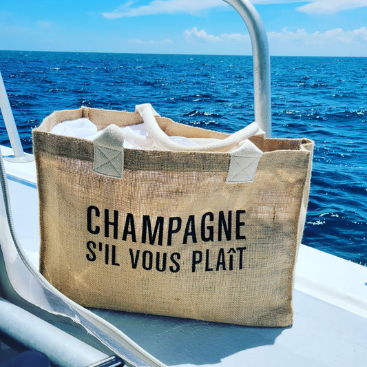 Champagne S'il Vous Plaît - Embroidered Burlap Tote - Bubbles Make Me Happy