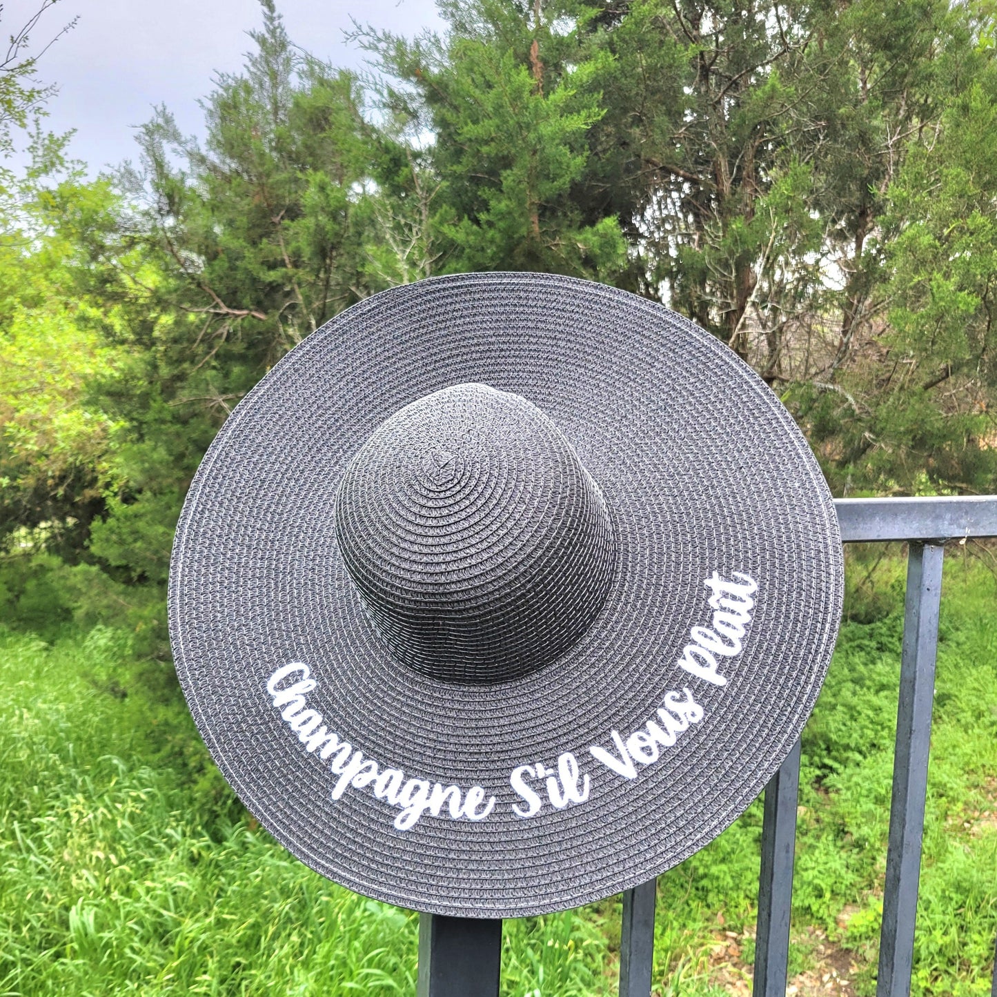 Champagne Sil Vous Plaît - Black Floppy Hat - White Embroidery - Bubbles Make Me Happy