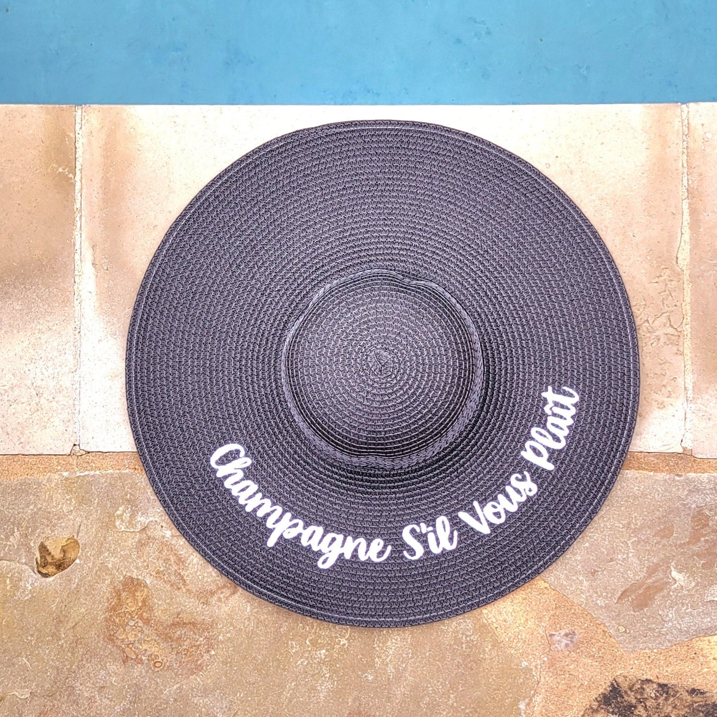 Champagne Si' Vous Plaît - Black Floppy Hat - White Embroidery - Bubbles Make Me Happy