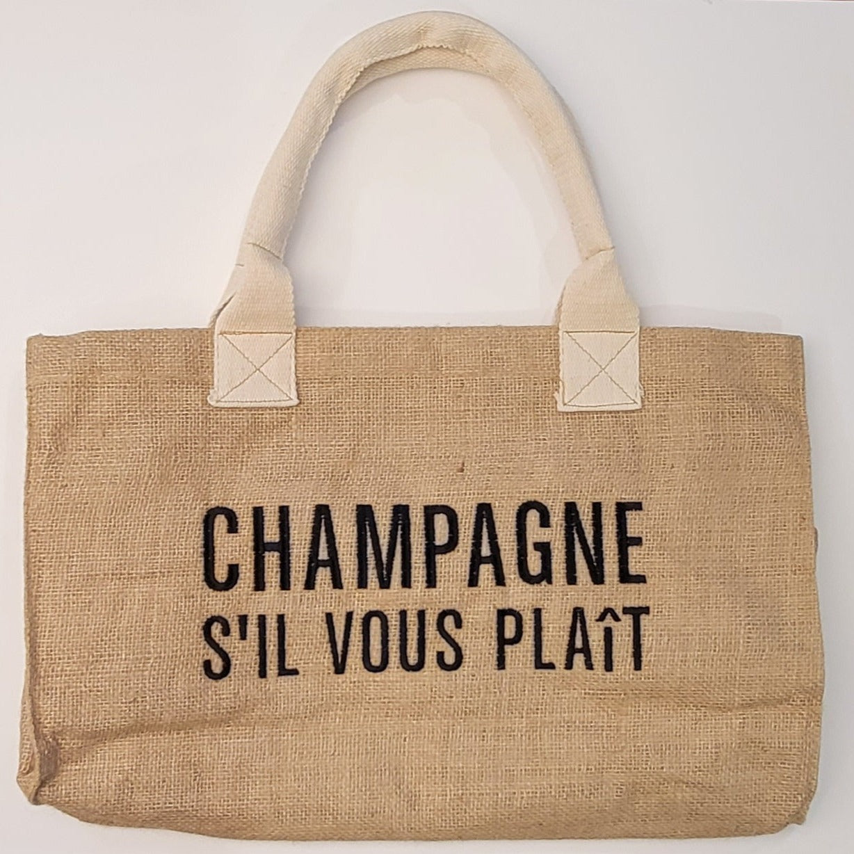 Champagne S'il Vous Plaît - Embroidered Burlap Tote - Bubbles Make Me Happy
