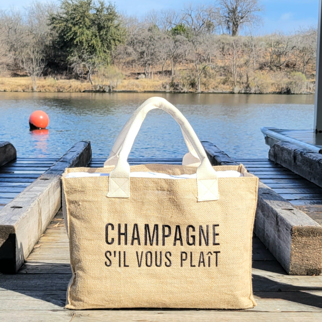 Champagne S'il Vous Plaît - Embroidered Burlap Tote - Bubbles Make Me Happy
