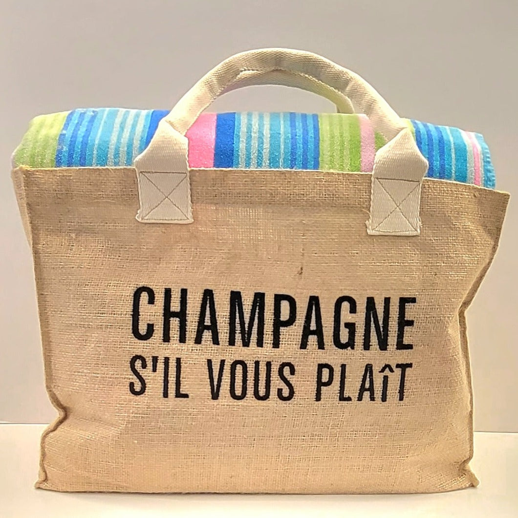 Champagne S'il Vous Plaît - Embroidered Burlap Tote - Bubbles Make Me Happy
