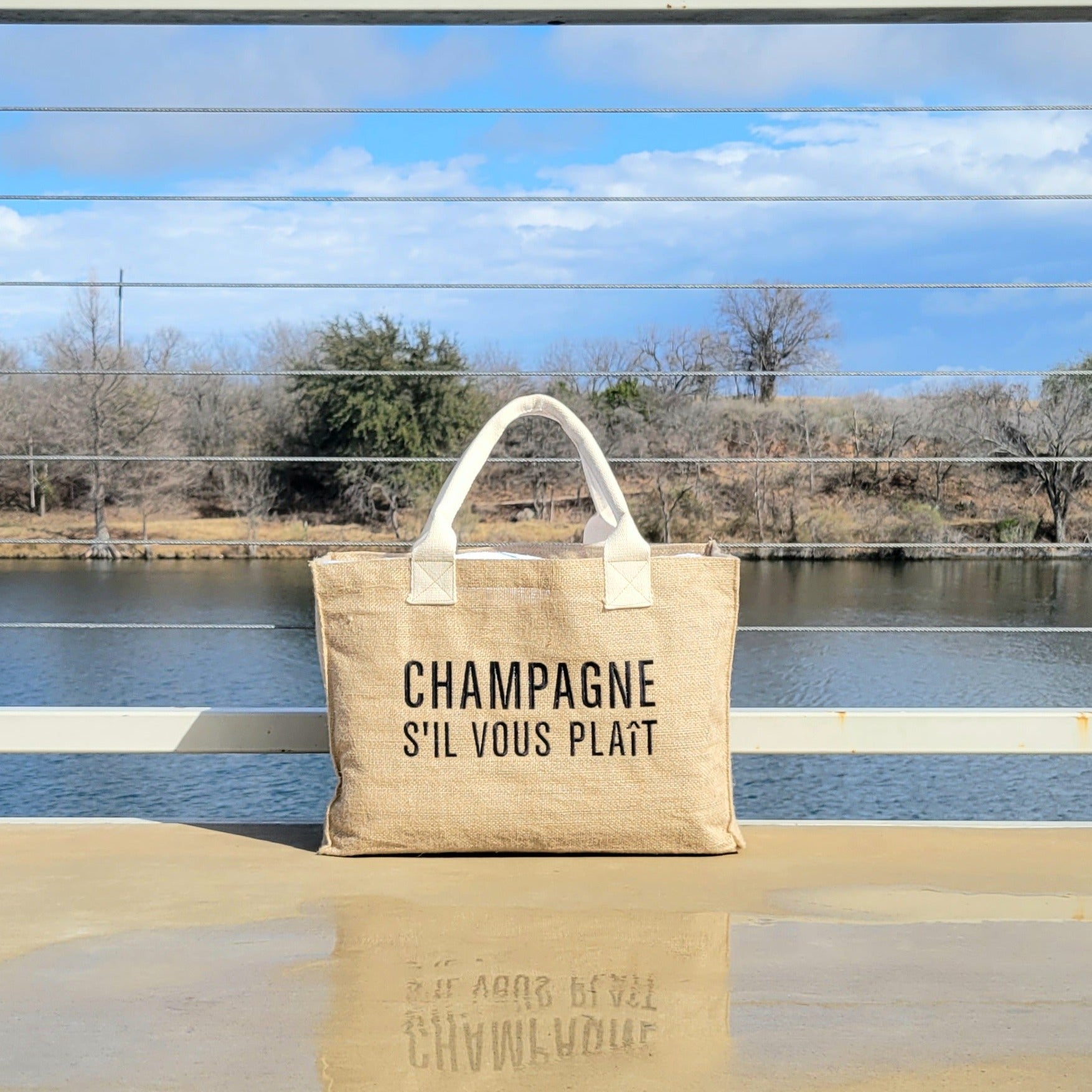 Champagne S'il Vous Plaît - Embroidered Burlap Tote - Bubbles Make Me Happy