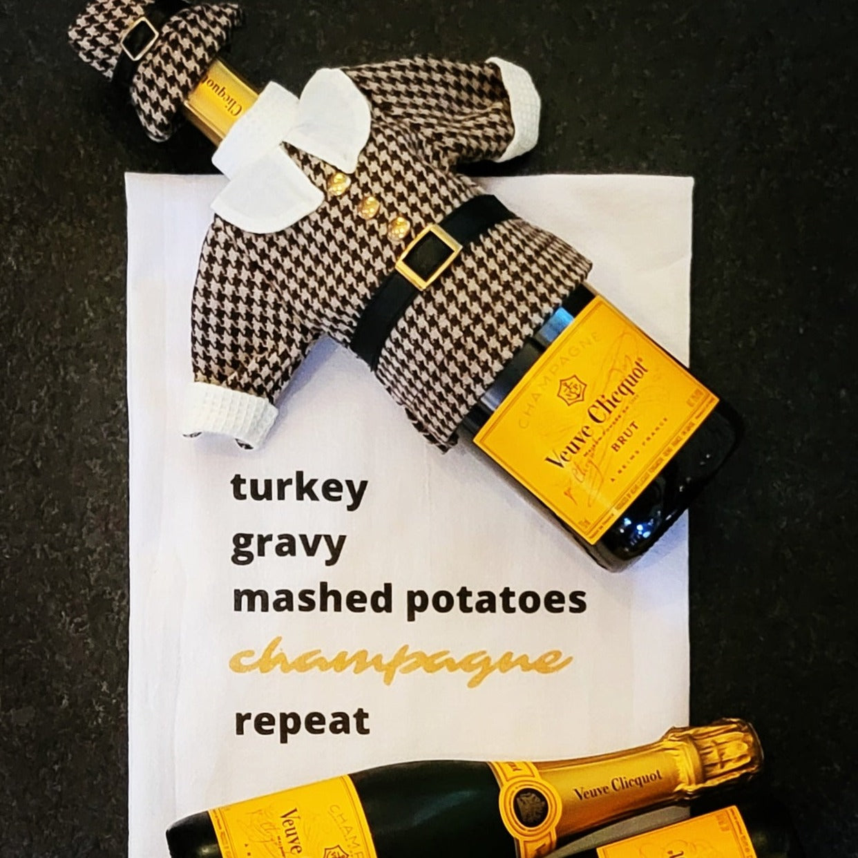 Turkey. Gravy. Mashed Potatoes. Champagne. Repeat. - Tea Towel - Bubbles Make Me Happy